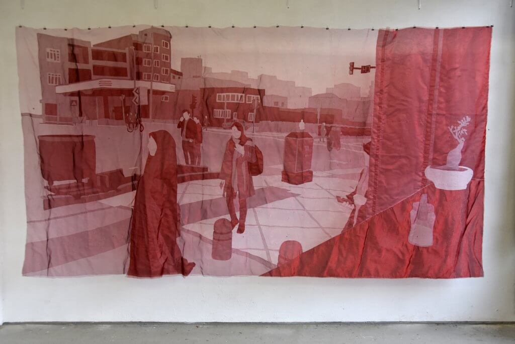 Hand-sewn tapestry made out of red organza, nylon thread, embroidery floss and beads. 4,36x2,30m. 2019