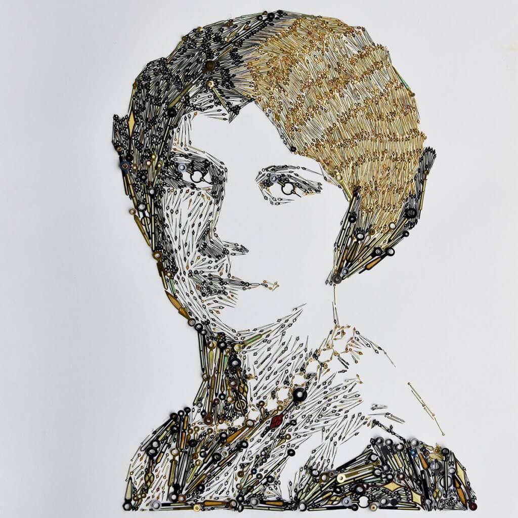 Portrait of Grace Fryer (1899-1933), made of antique and vintage radium watch hands on paper, 2020