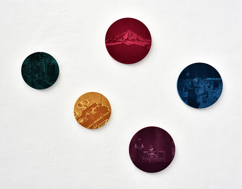 Hand-assembled images based on street photos, velvet on canvas. Sizes: small: 40 in diameter; large: 50cm in diameter. Made at the Aria Residency/Aria Gallery in Tehran, Iran in 2019.