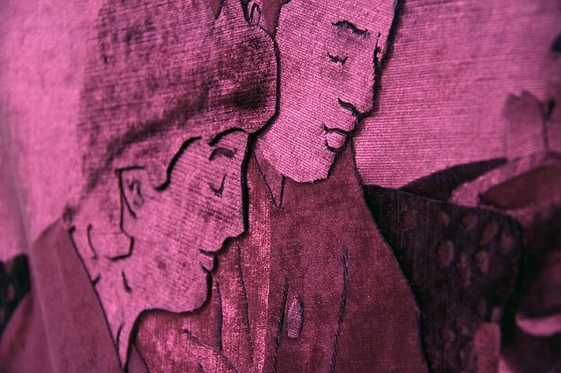 Private photos transformed into velvet tapestries. Sizes: 2x(100x75cm, aubergine red), 2x(50x70cm, pink). 2020.