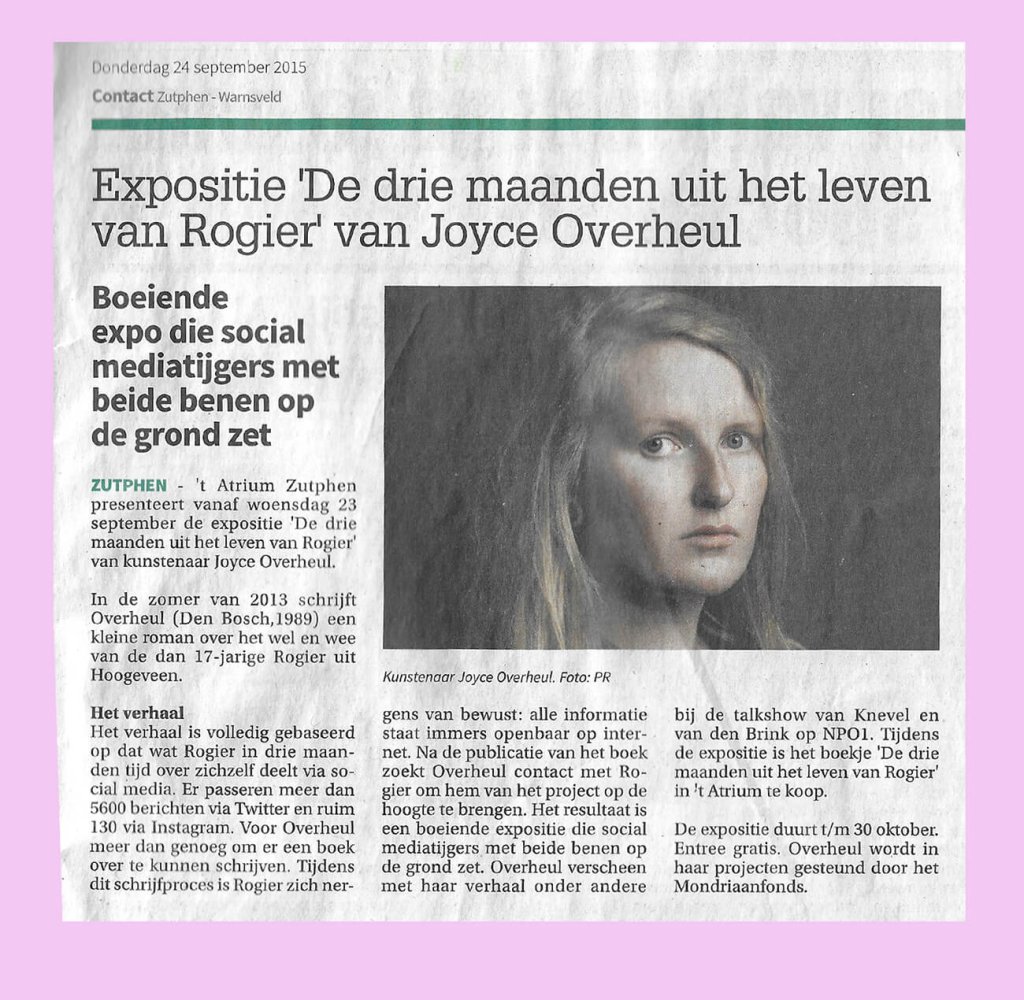 Contact Zutphen-Warnsveld: 'De drie maanden uit het leven van Rogier' van Joyce Overheul, 24/09/2015
